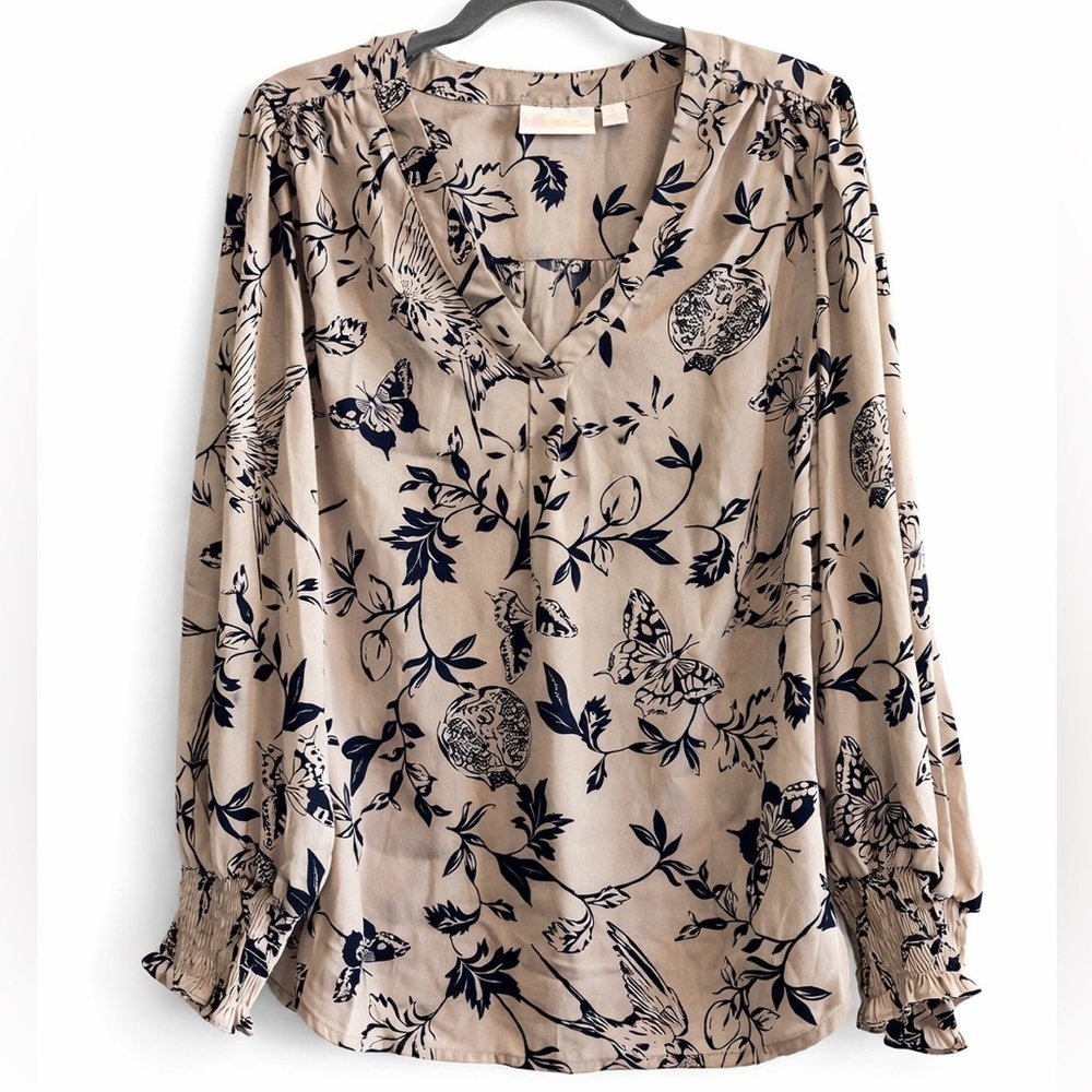 Belle by Kim Gravel Boho Bird Floral Blouse Large NWT